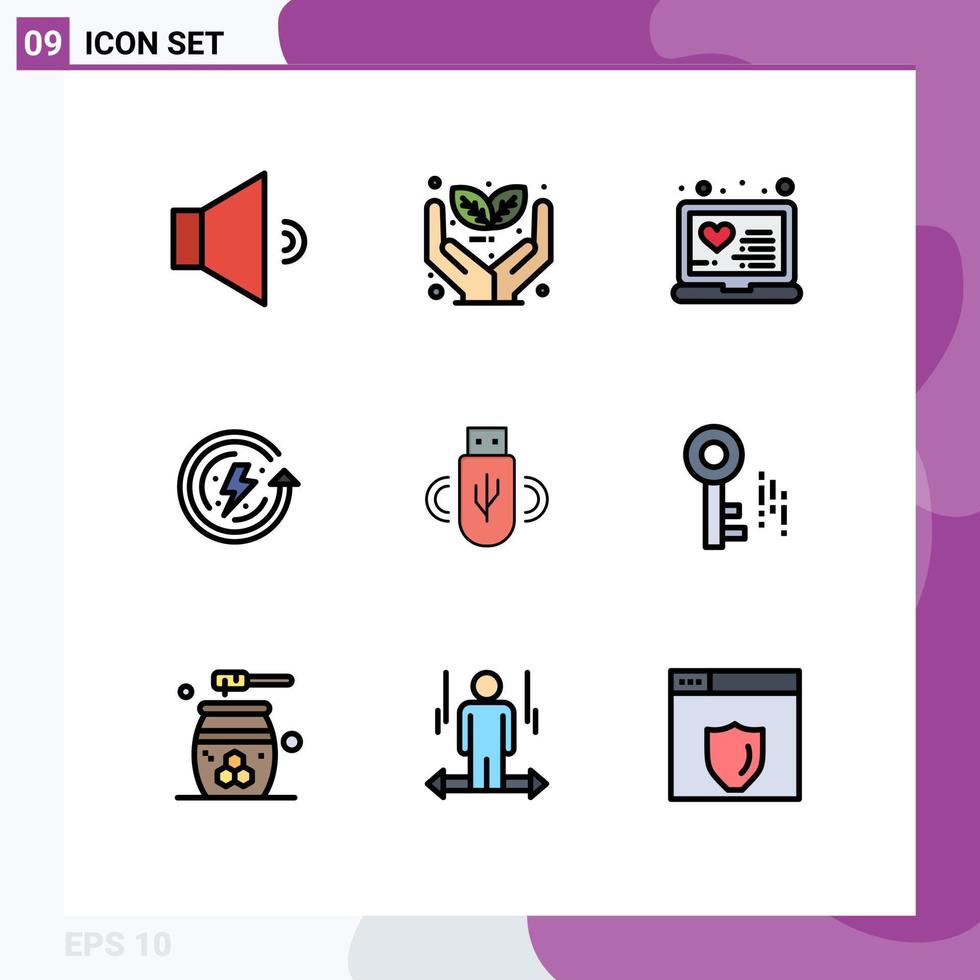 Editable Vector Line Pack of 9 Simple Filledline Flat Colors of data usb medical environmental protection ecology Editable Vector Design Elements