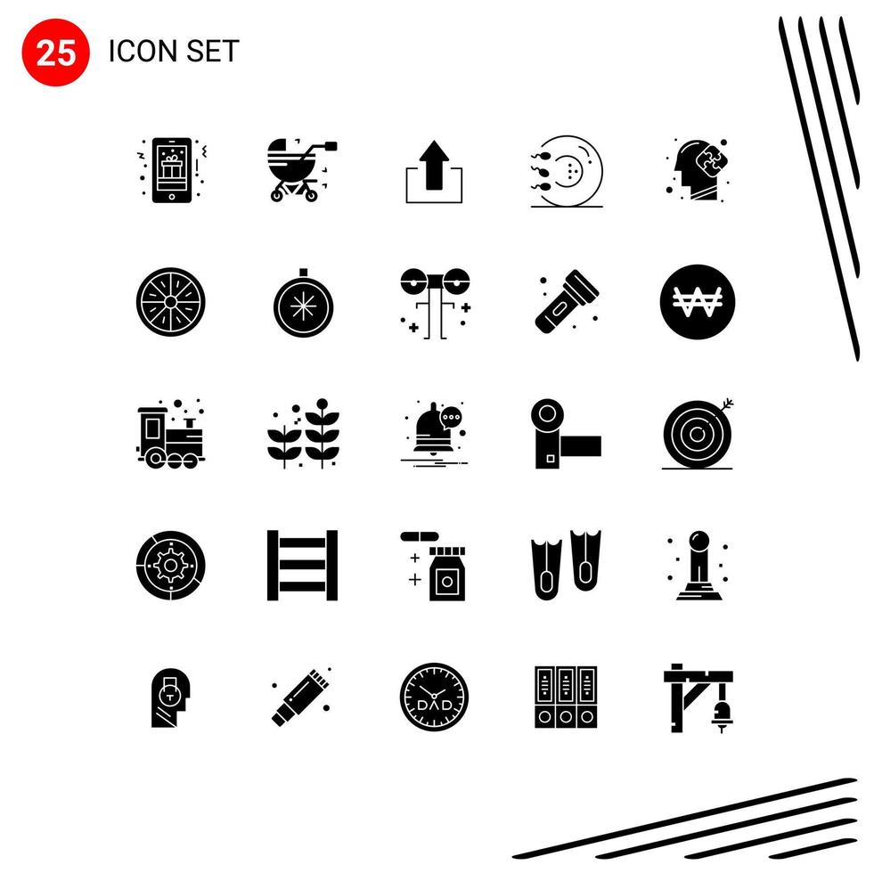 Modern Set of 25 Solid Glyphs Pictograph of medicine form pram fitness upload Editable Vector Design Elements