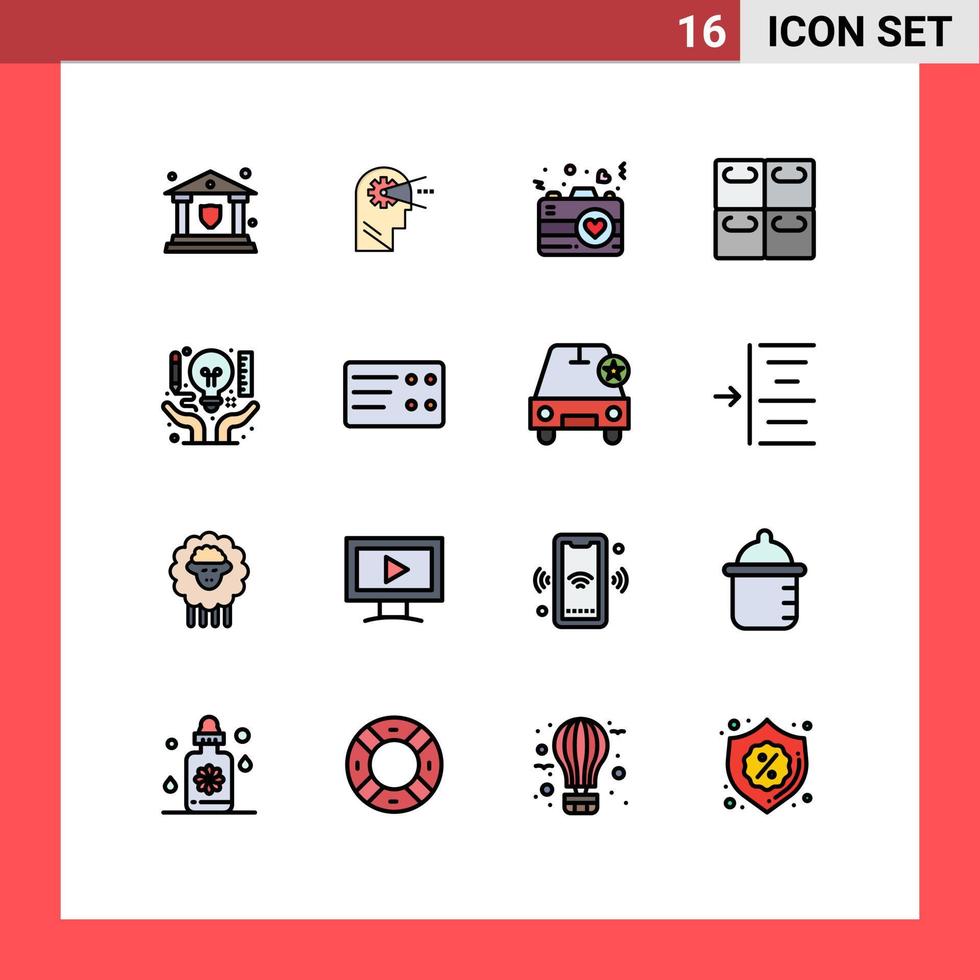 Pack of 16 creative Flat Color Filled Lines of business idea camera sushi rolls Editable Creative Vector Design Elements