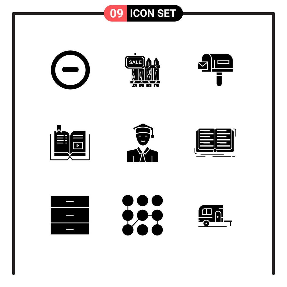 grupo universal de símbolos de iconos de 9 glifos sólidos modernos de elementos de diseño de vectores editables del libro tutorial de la casa de educación de los estudiantes