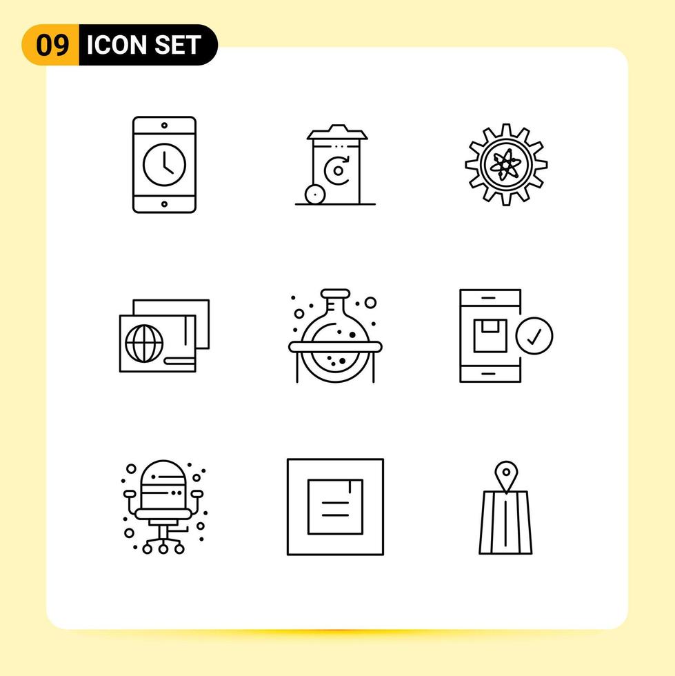 Group of 9 Outlines Signs and Symbols for chemical passport recycilben pass lab Editable Vector Design Elements