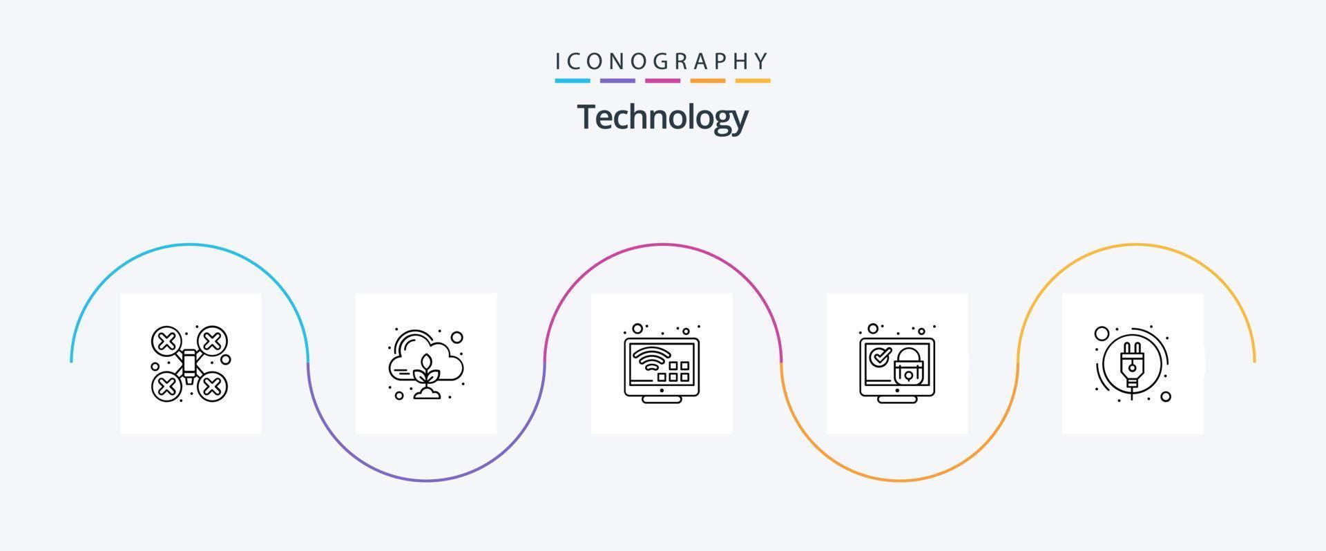 Technology Line 5 Icon Pack Including energy consumption. check. entertainment. system. lock vector