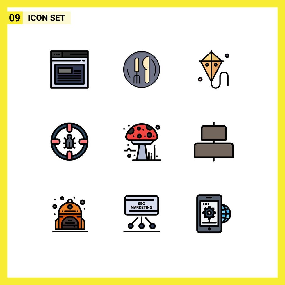 Set of 9 Vector Filledline Flat Colors on Grid for amanita protection easter network bug Editable Vector Design Elements