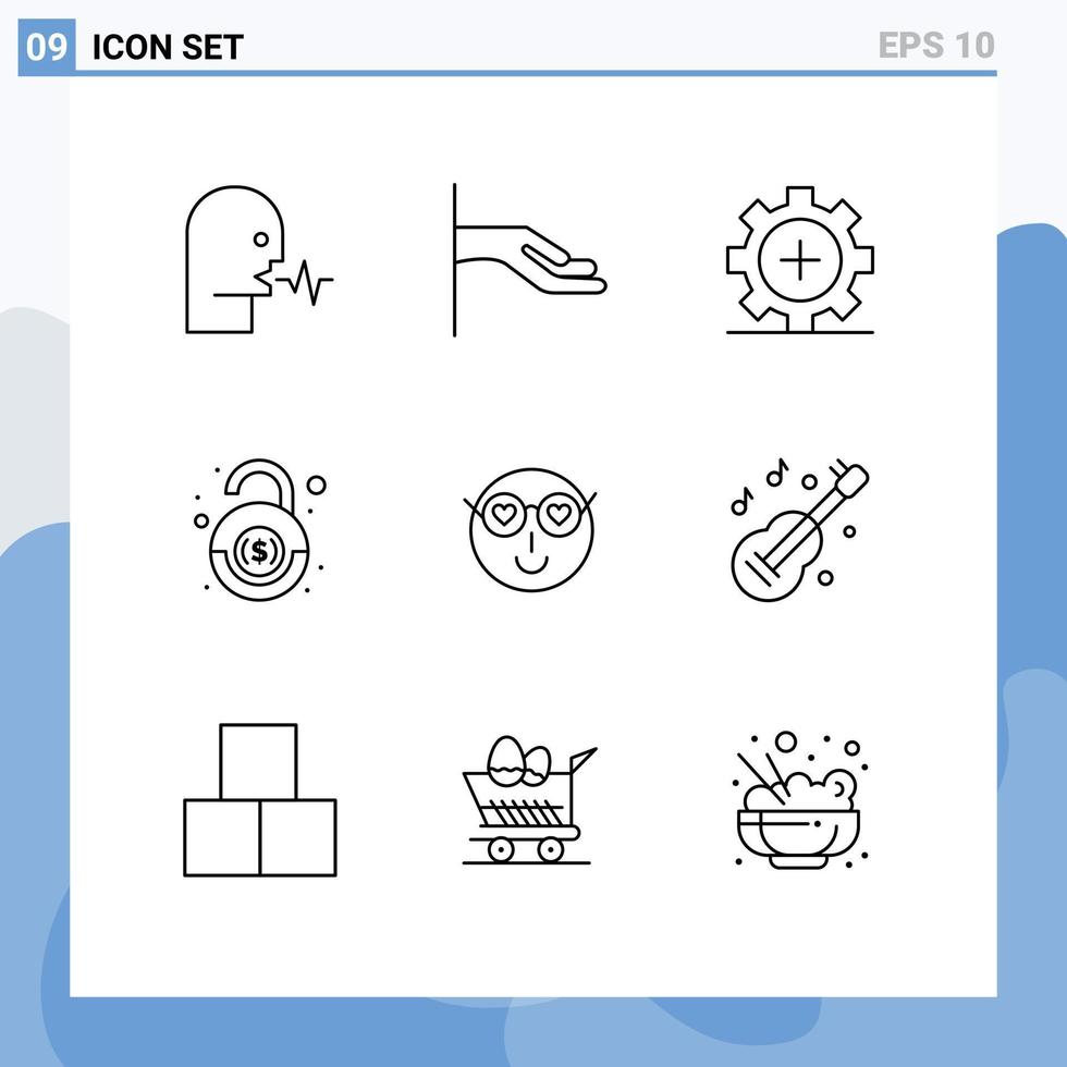 Group of 9 Outlines Signs and Symbols for smiley robbery care financial medical Editable Vector Design Elements