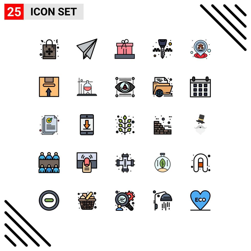 25 User Interface Filled line Flat Color Pack of modern Signs and Symbols of location gps box taxi ignition key Editable Vector Design Elements