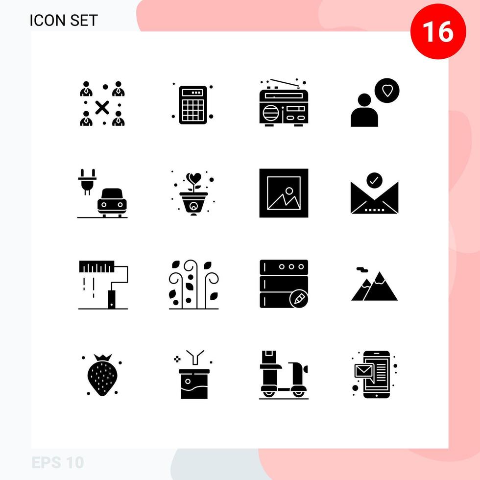 16 Solid Glyph concept for Websites Mobile and Apps gratitude charge frequency car love Editable Vector Design Elements