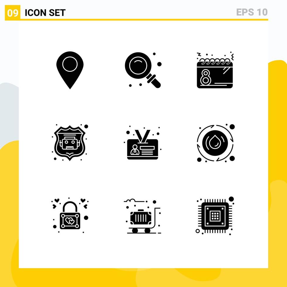 Group of 9 Solid Glyphs Signs and Symbols for id card web calendar robot database date Editable Vector Design Elements