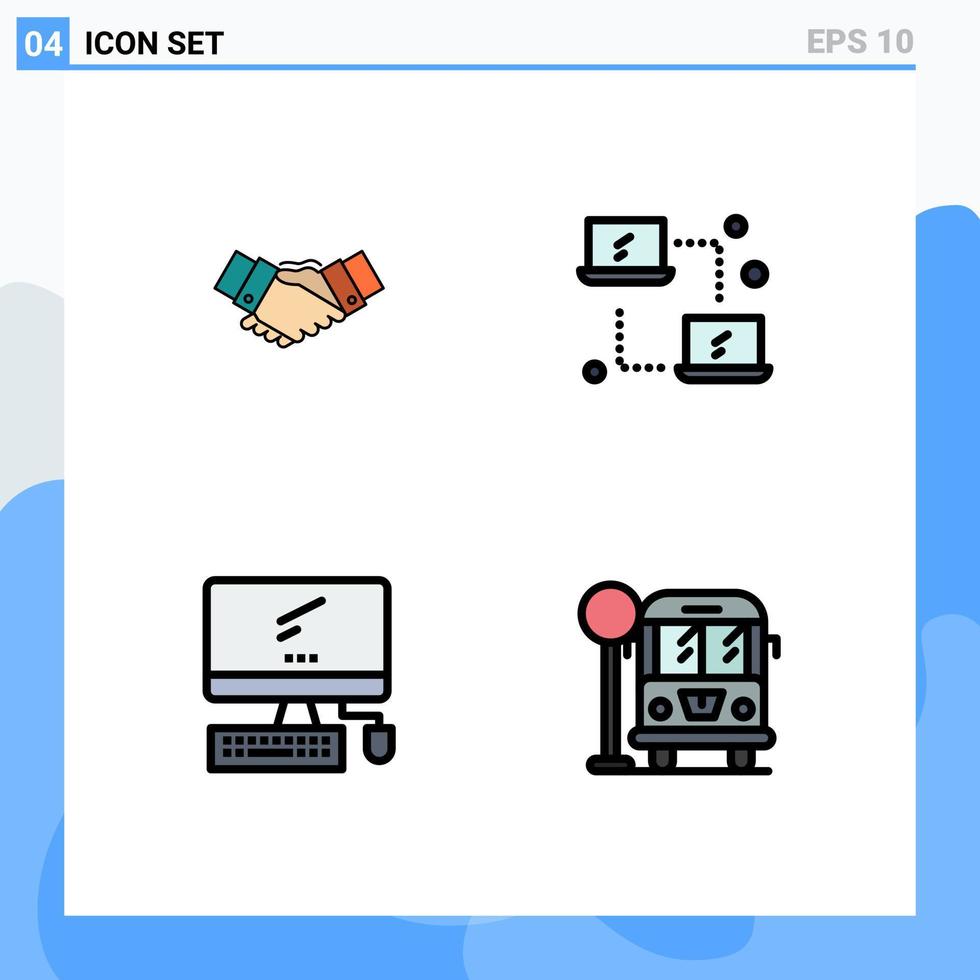 Group of 4 Filledline Flat Colors Signs and Symbols for handshake transfer hands computing monitor Editable Vector Design Elements