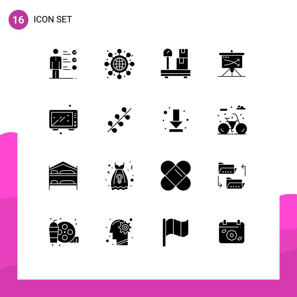 Mobile Interface Solid Glyph Set of 16 Pictograms of food baking package graph plan Editable Vector Design Elements