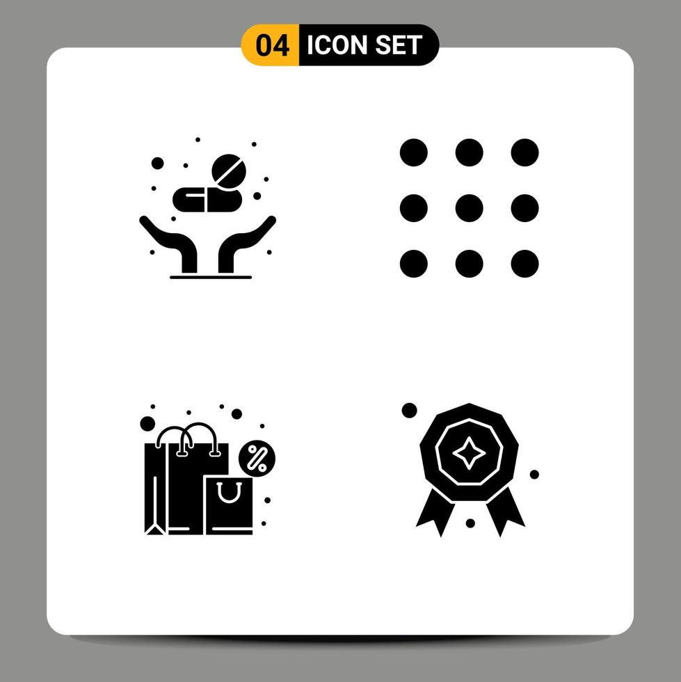 4 Universal Solid Glyphs Set for Web and Mobile Applications medicine shopping care numbers award Editable Vector Design Elements
