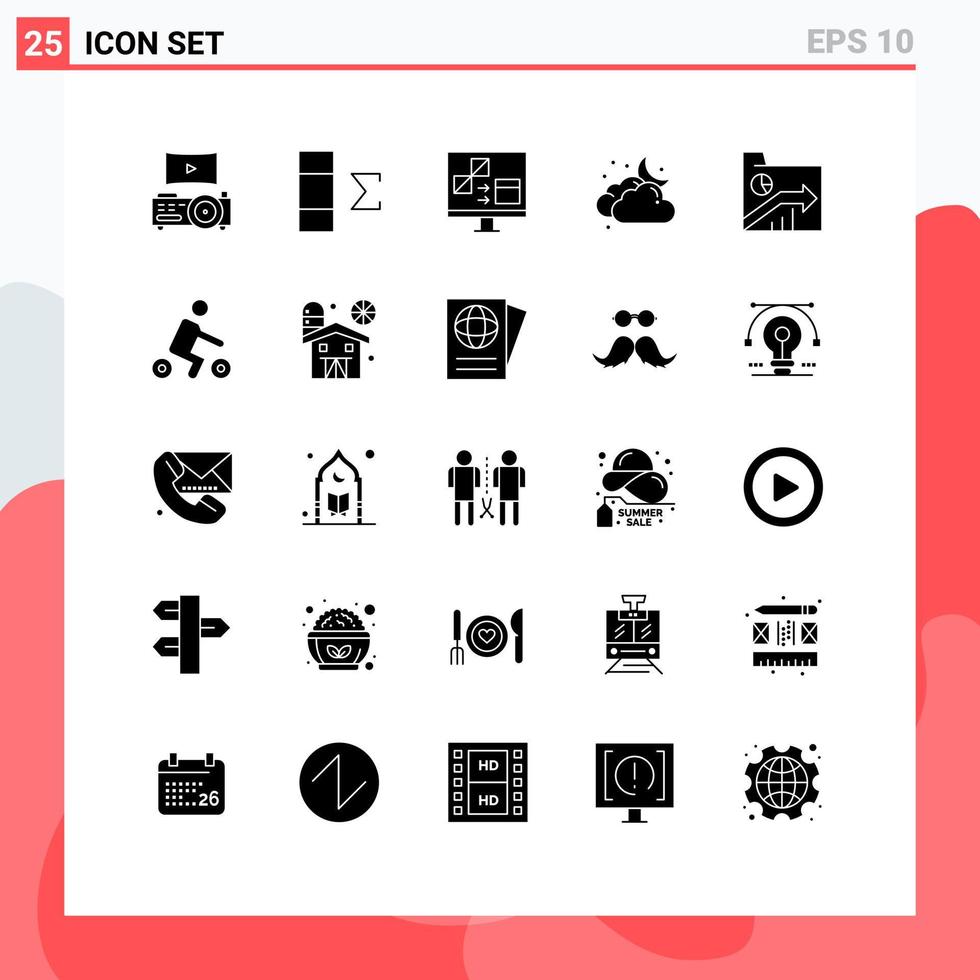 Mobile Interface Solid Glyph Set of 25 Pictograms of folder business computer weather cloudy Editable Vector Design Elements