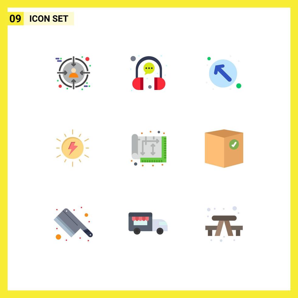 Mobile Interface Flat Color Set of 9 Pictograms of architect sun representative solar up left Editable Vector Design Elements