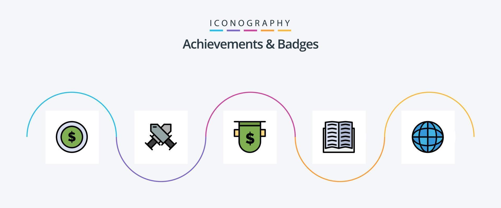 la línea de logros e insignias llenó el paquete de iconos planos 5 que incluye el logro. educación. insignias libro. Finanzas vector