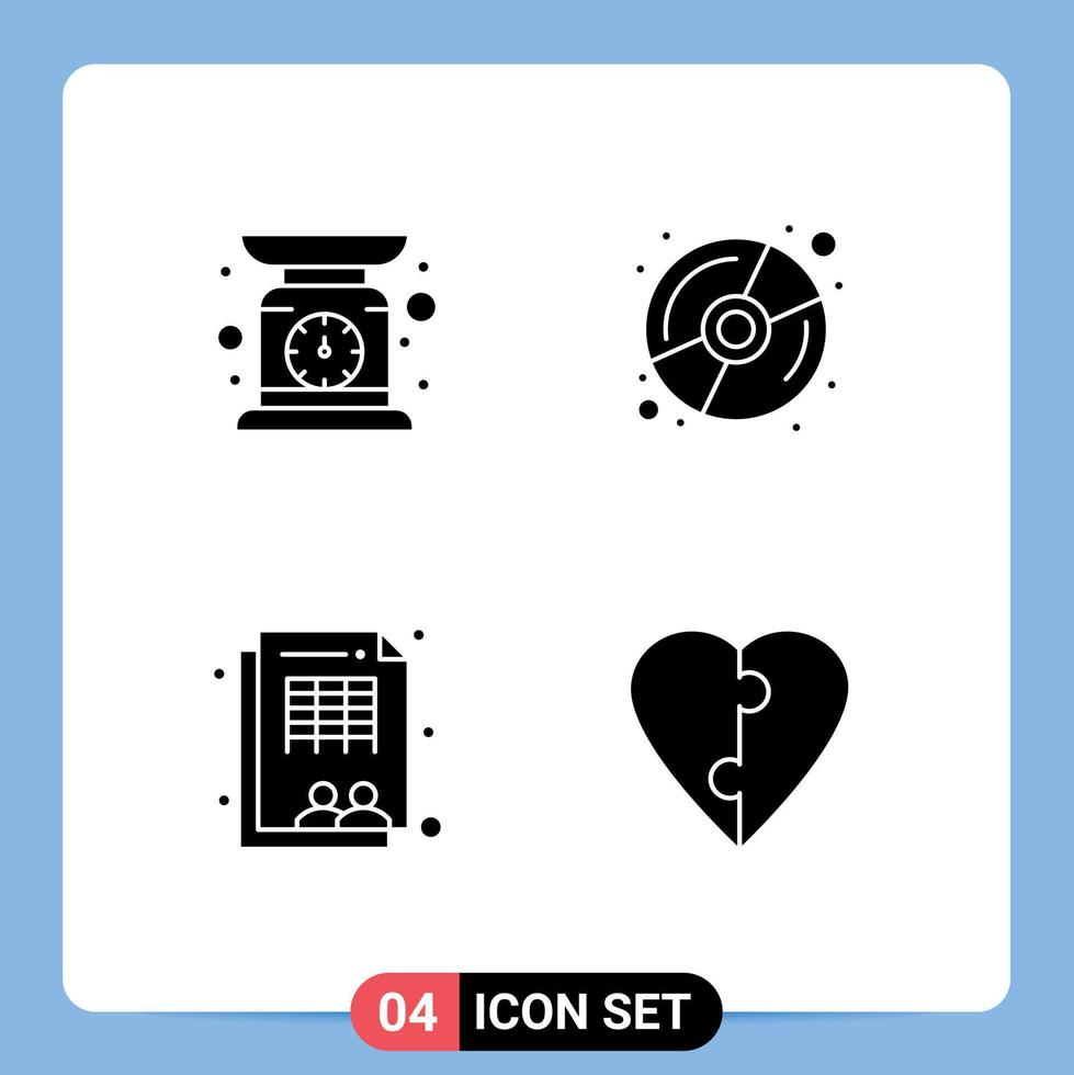 Group of 4 Solid Glyphs Signs and Symbols for check weight table weighing multimedia couple Editable Vector Design Elements