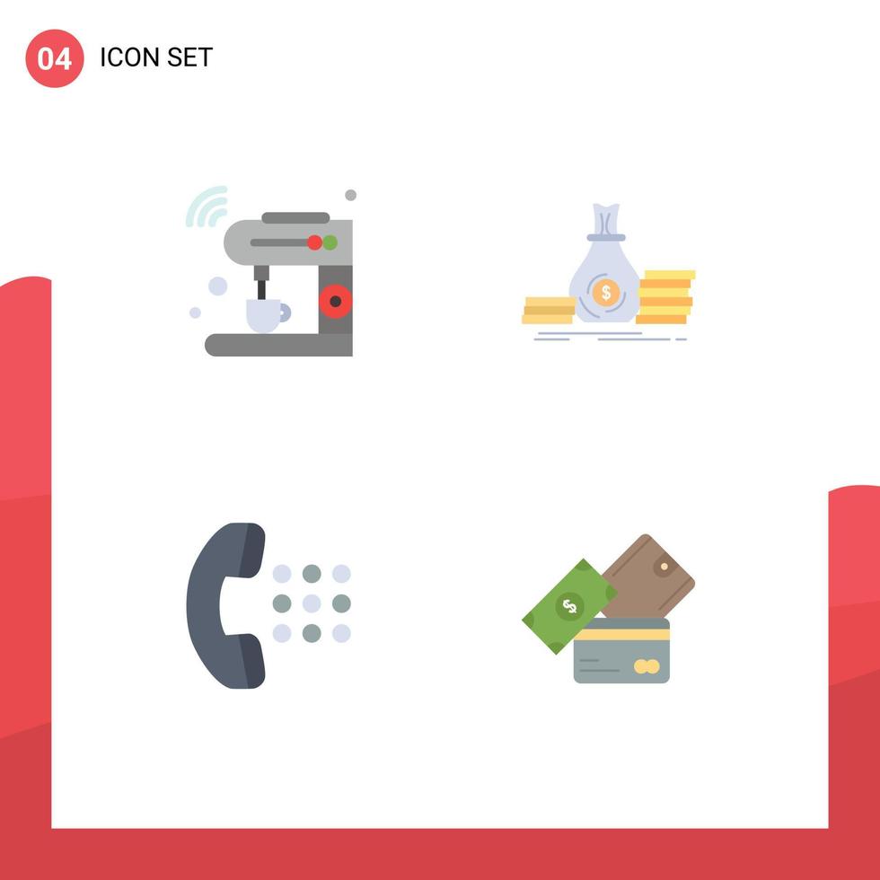 Group of 4 Flat Icons Signs and Symbols for coffee money machine bag call Editable Vector Design Elements