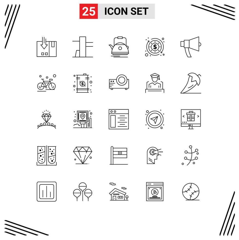 Pack of 25 Modern Lines Signs and Symbols for Web Print Media such as megaphone announcement teapot ads business Editable Vector Design Elements