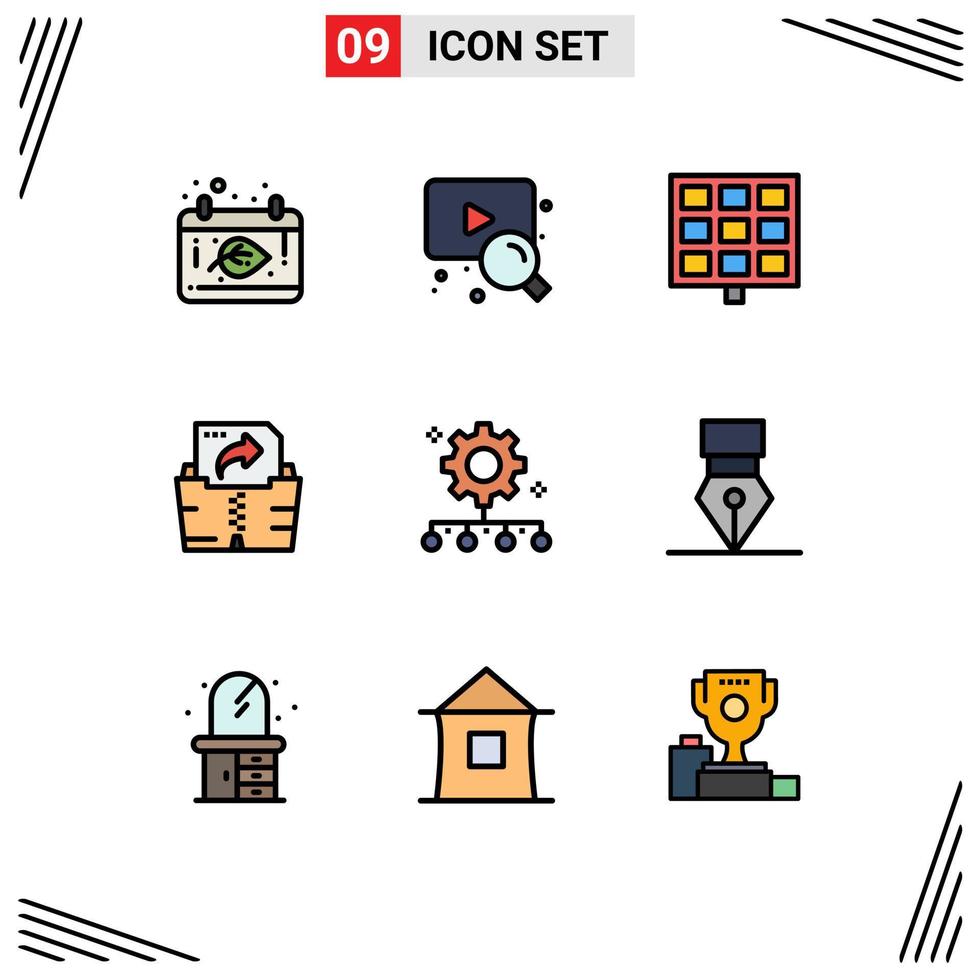 Pack of 9 Modern Filledline Flat Colors Signs and Symbols for Web Print Media such as work plan team performance solar team management folder Editable Vector Design Elements