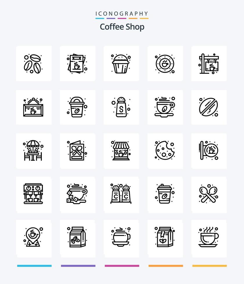 Paquete de iconos de 25 contornos de la cafetería creativa, como el café. bebida. pastel. café. frijol vector