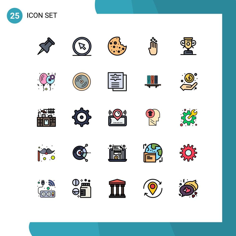 Set of 25 Vector Filled line Flat Colors on Grid for training education sausage up gesture Editable Vector Design Elements
