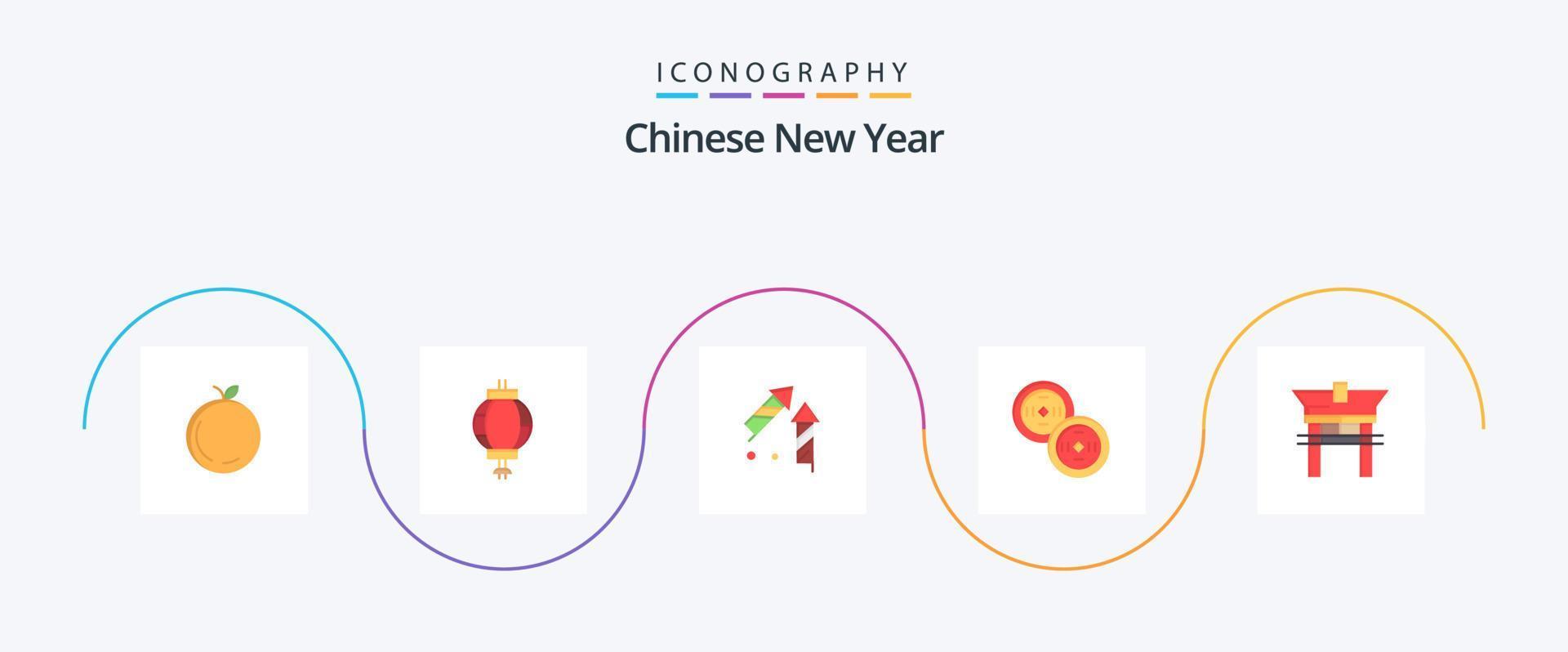 paquete de iconos flat 5 del año nuevo chino que incluye fuegos artificiales. año. linterna. nuevo. China vector