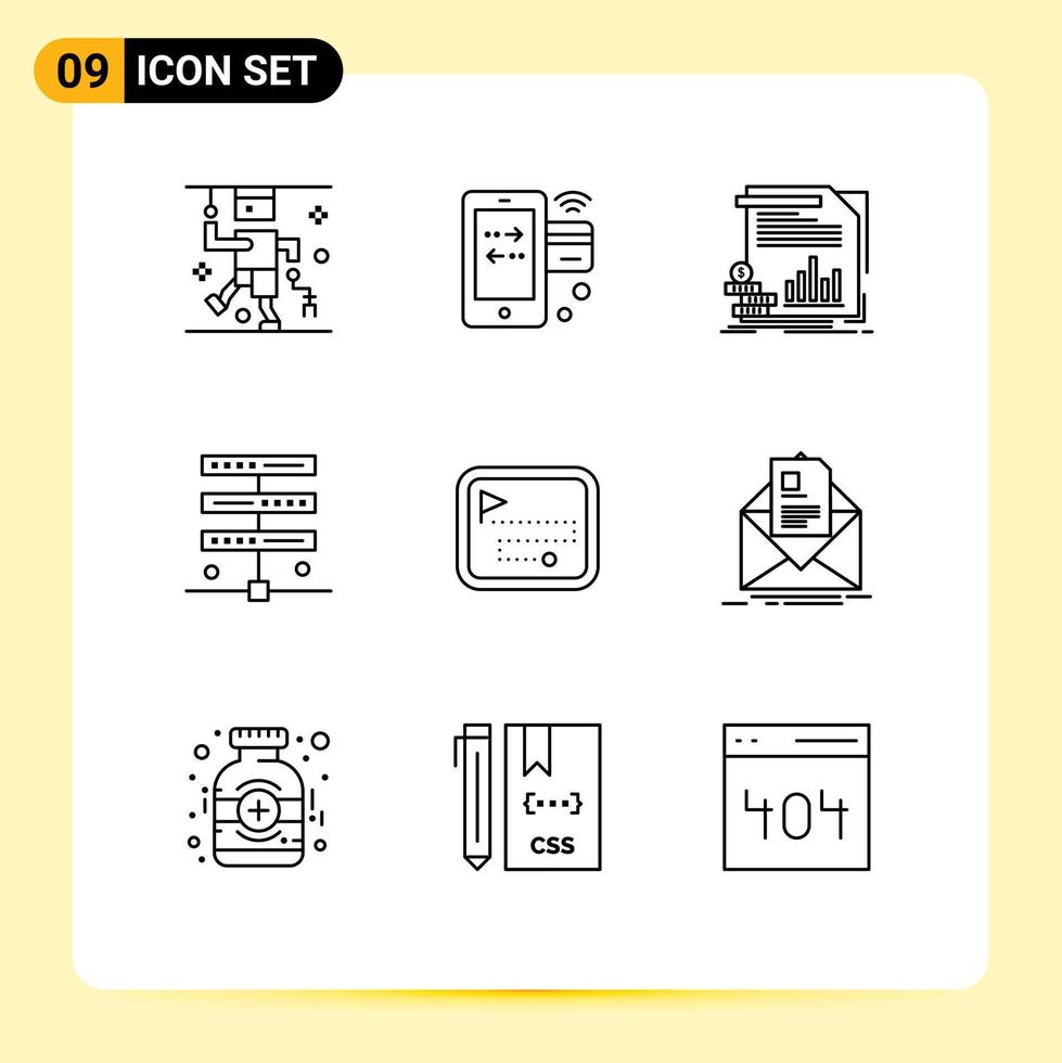 Mobile Interface Outline Set of 9 Pictograms of server hosting wifi data information Editable Vector Design Elements