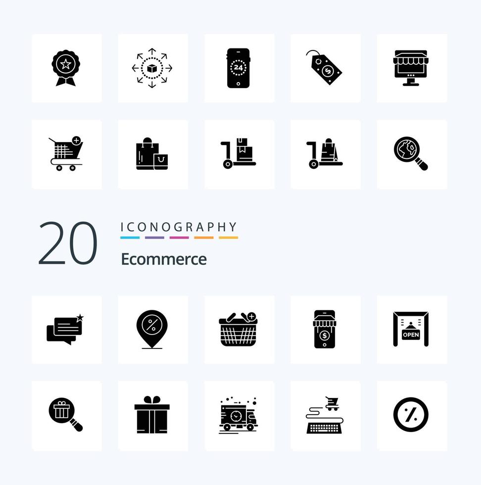 20 Ecommerce Solid Glyph icon Pack like open store location shop add vector