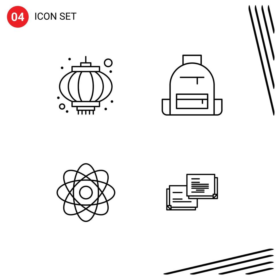 Set of 4 Vector Filledline Flat Colors on Grid for chinese atom travel camping chemistry Editable Vector Design Elements