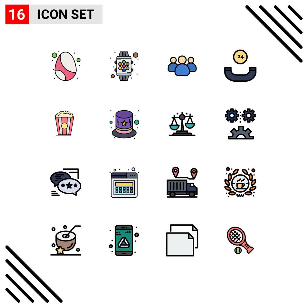 Pack of 16 Modern Flat Color Filled Lines Signs and Symbols for Web Print Media such as movie popcorn friends support all time Editable Creative Vector Design Elements