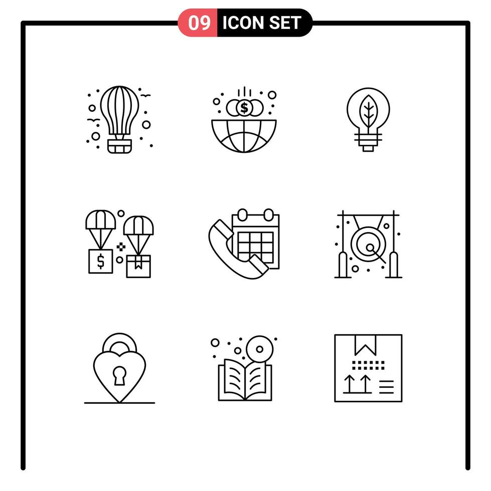 Group of 9 Modern Outlines Set for parachute exchange globe delivery bulb Editable Vector Design Elements