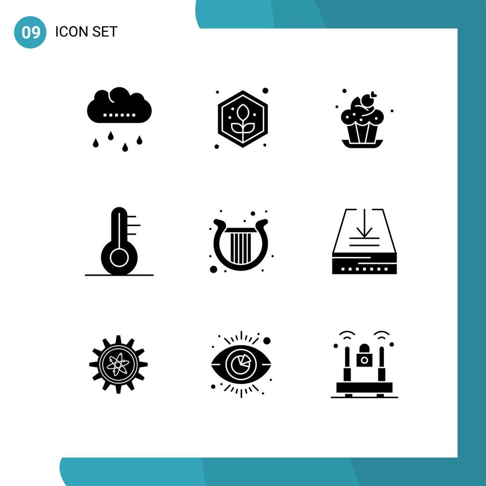 9 Thematic Vector Solid Glyphs and Editable Symbols of irish harp bakery weather temperature Editable Vector Design Elements