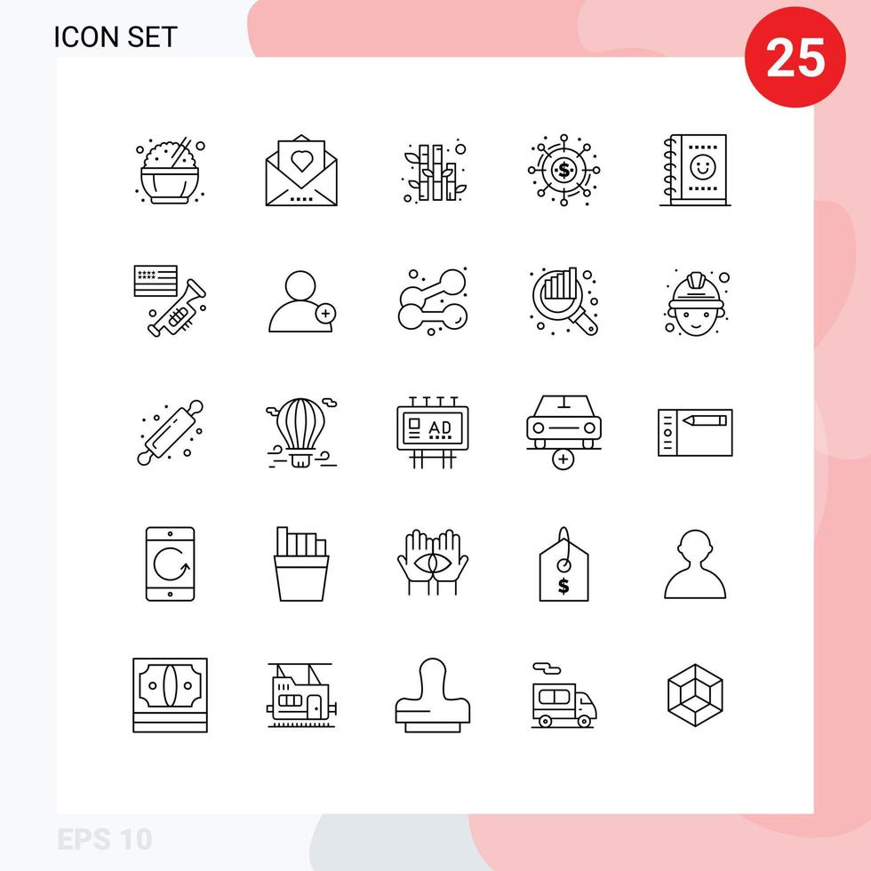 25 Universal Lines Set for Web and Mobile Applications office funds bamboo donation crowd funding Editable Vector Design Elements