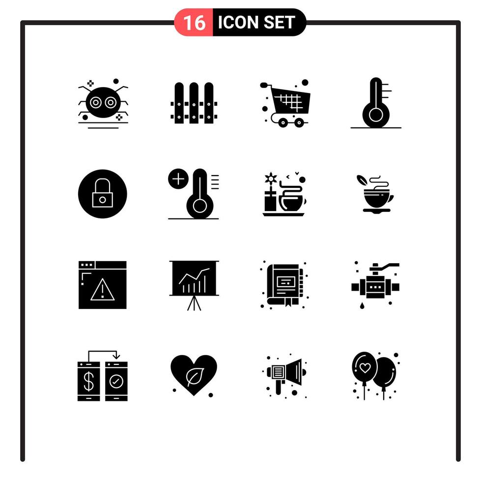 Pictogram Set of 16 Simple Solid Glyphs of media weather cart thermometer checkout Editable Vector Design Elements