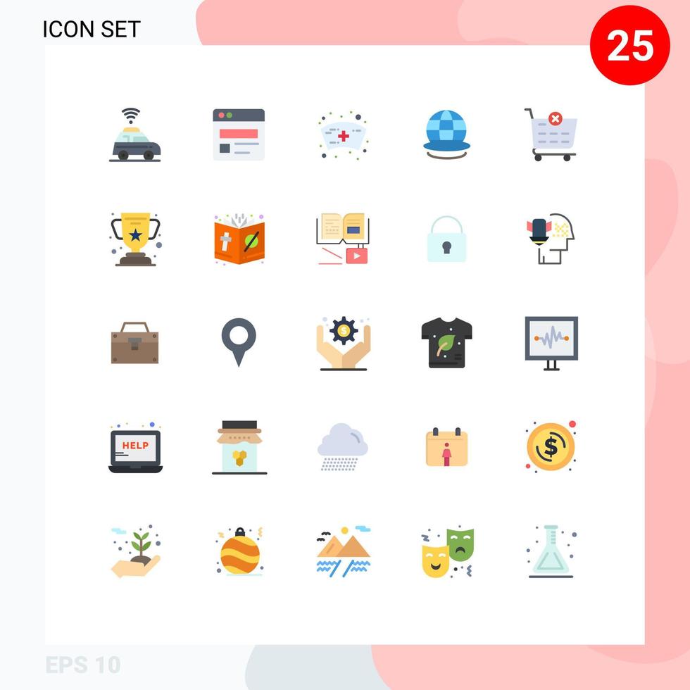 25 User Interface Flat Color Pack of modern Signs and Symbols of cup shopping cart nurse delete world Editable Vector Design Elements