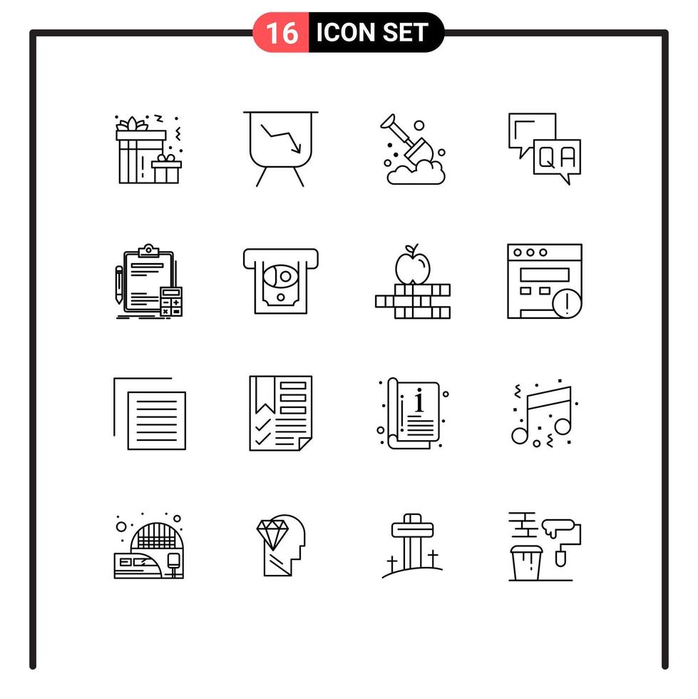 Group of 16 Modern Outlines Set for calculator accounting farm information communication Editable Vector Design Elements