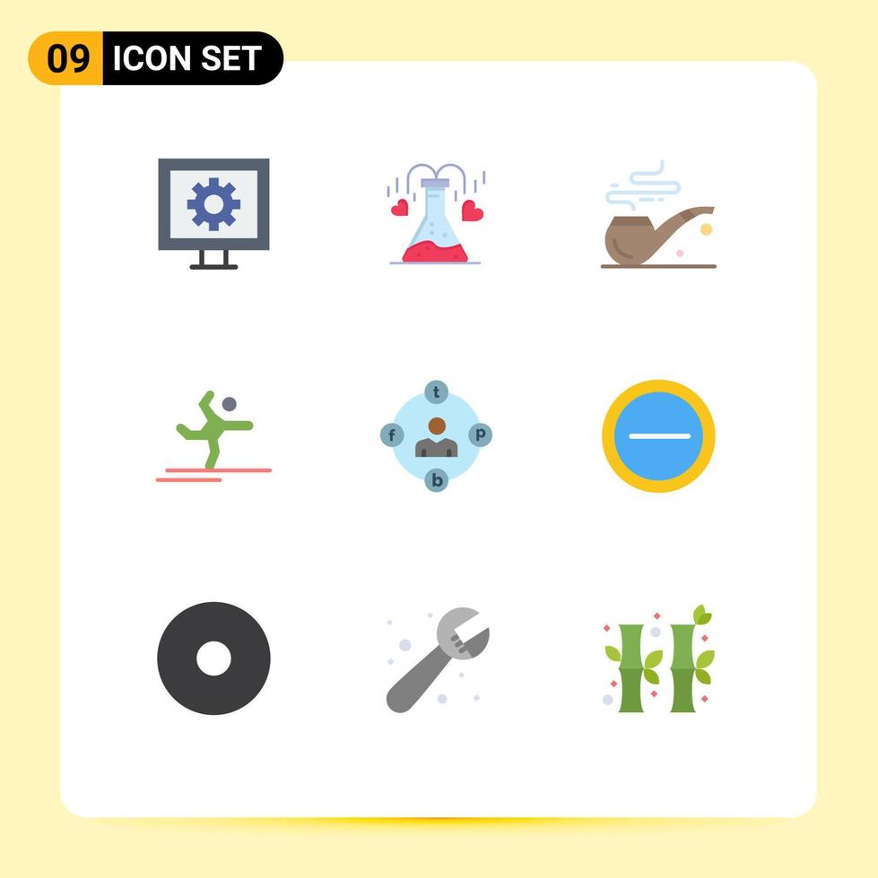 Mobile Interface Flat Color Set of 9 Pictograms of distractions social media pipe stretching gymnastics Editable Vector Design Elements