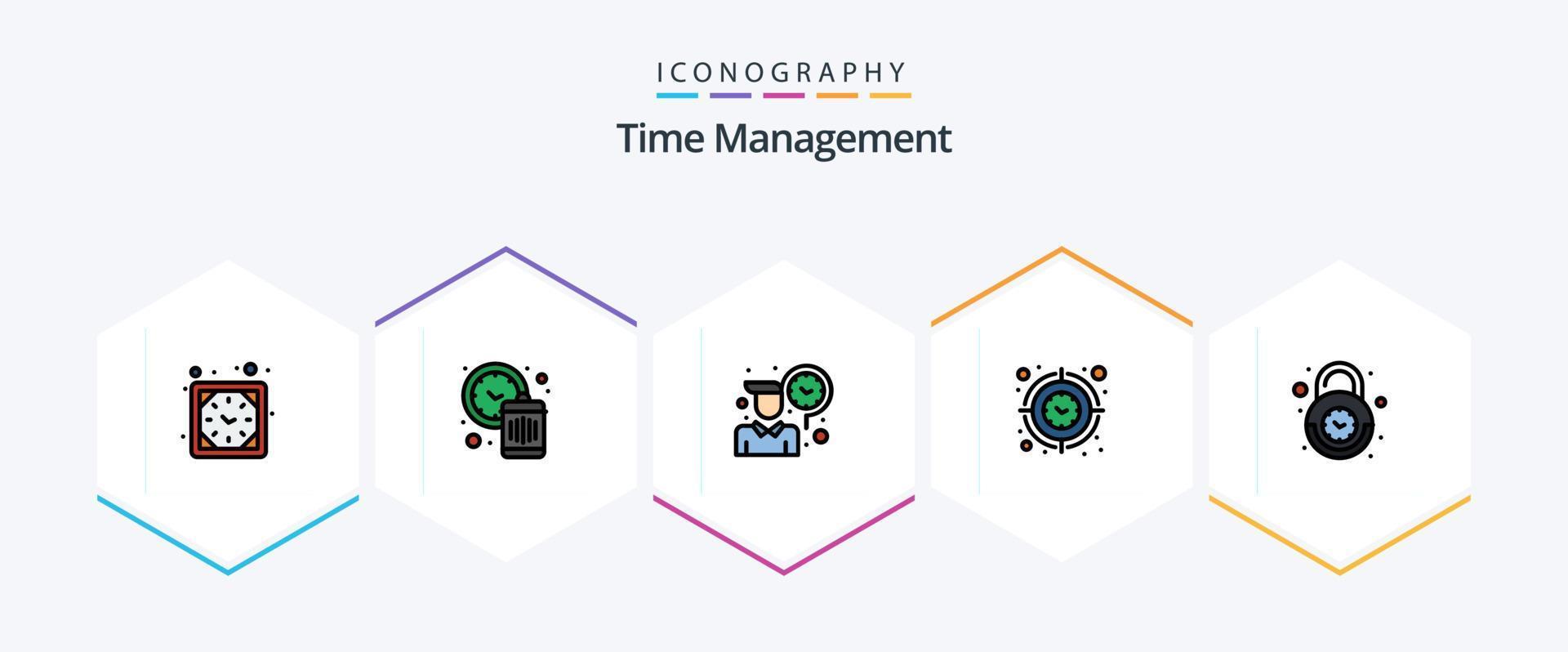 Time Management 25 FilledLine icon pack including alarm. time. employee. target. clock vector