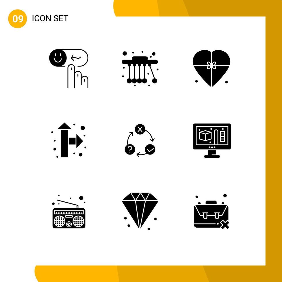 Pack of 9 Modern Solid Glyphs Signs and Symbols for Web Print Media such as flow right up box pointer wedding Editable Vector Design Elements