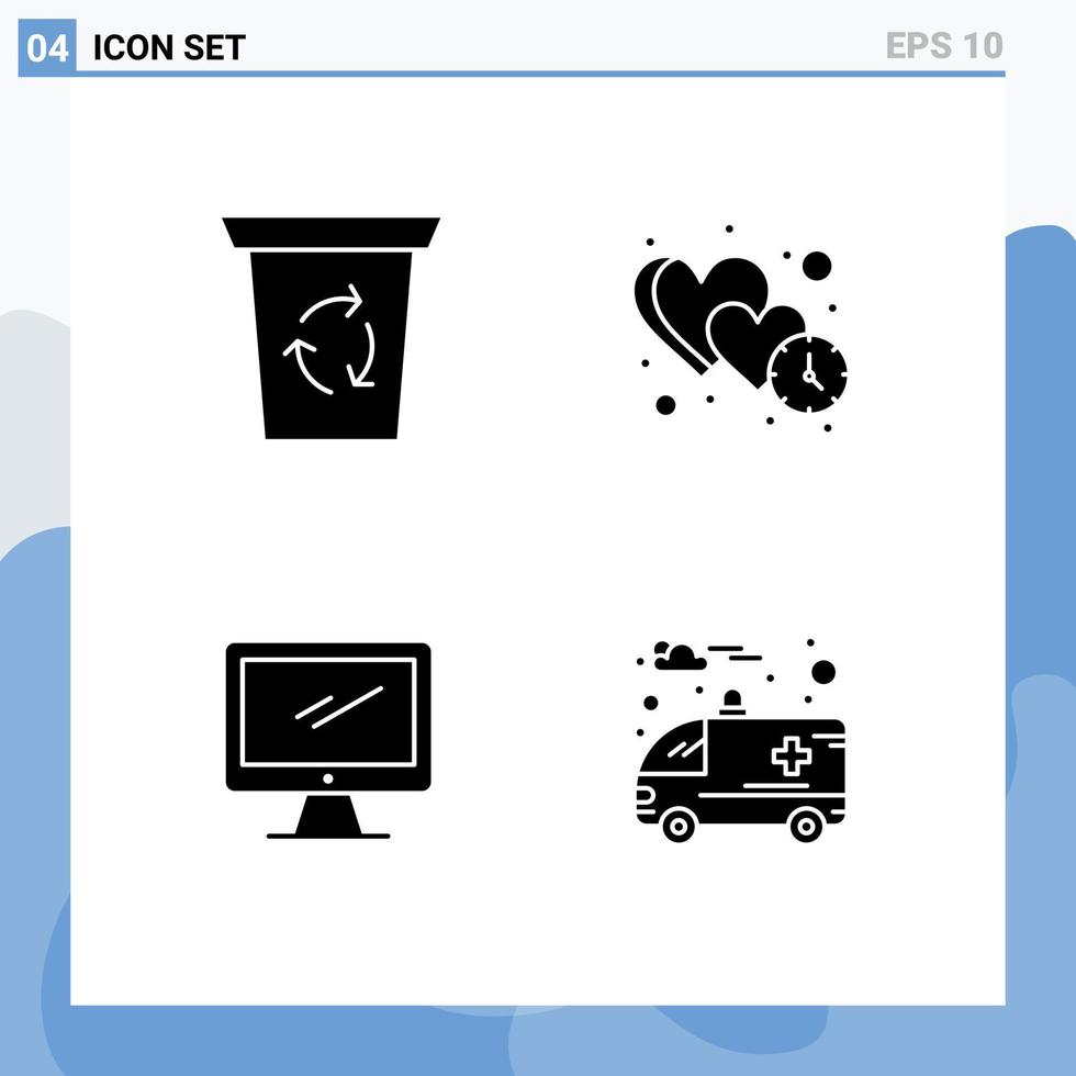 Set of 4 Modern UI Icons Symbols Signs for recycle been monitor clock time imac Editable Vector Design Elements