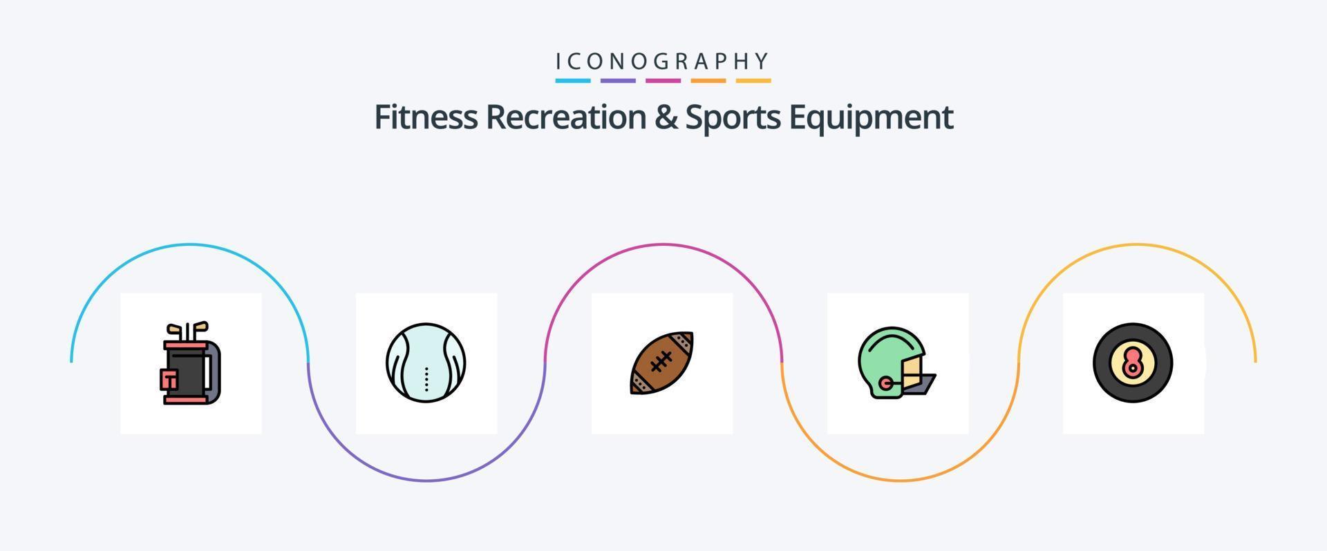 La línea de equipos deportivos y recreativos de fitness llenó un paquete de iconos de 5 planos que incluye casco. equipo. juego. americano. NFL vector