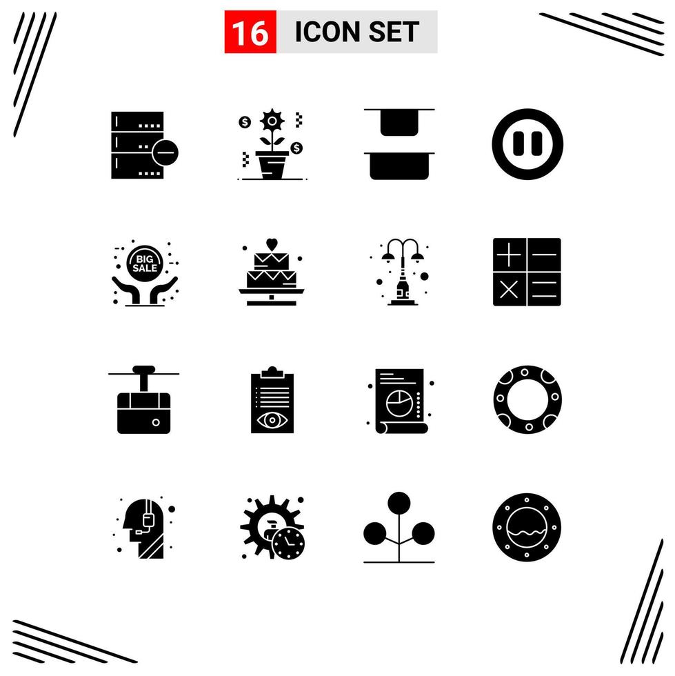 16 Thematic Vector Solid Glyphs and Editable Symbols of sale advertisement big sale growth pause controls Editable Vector Design Elements