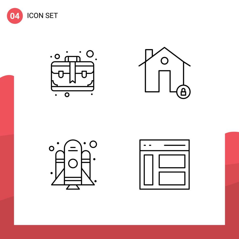 conjunto moderno de 4 colores planos de línea rellena pictografía de elementos de diseño de vector editables de inicio de casa de cohete de bolsa