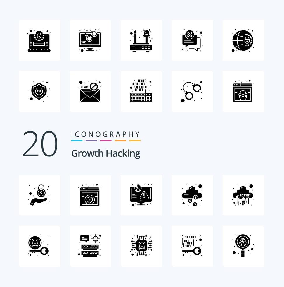 20 Hacking Solid Glyph icon Pack like money secure computer lock fire vector