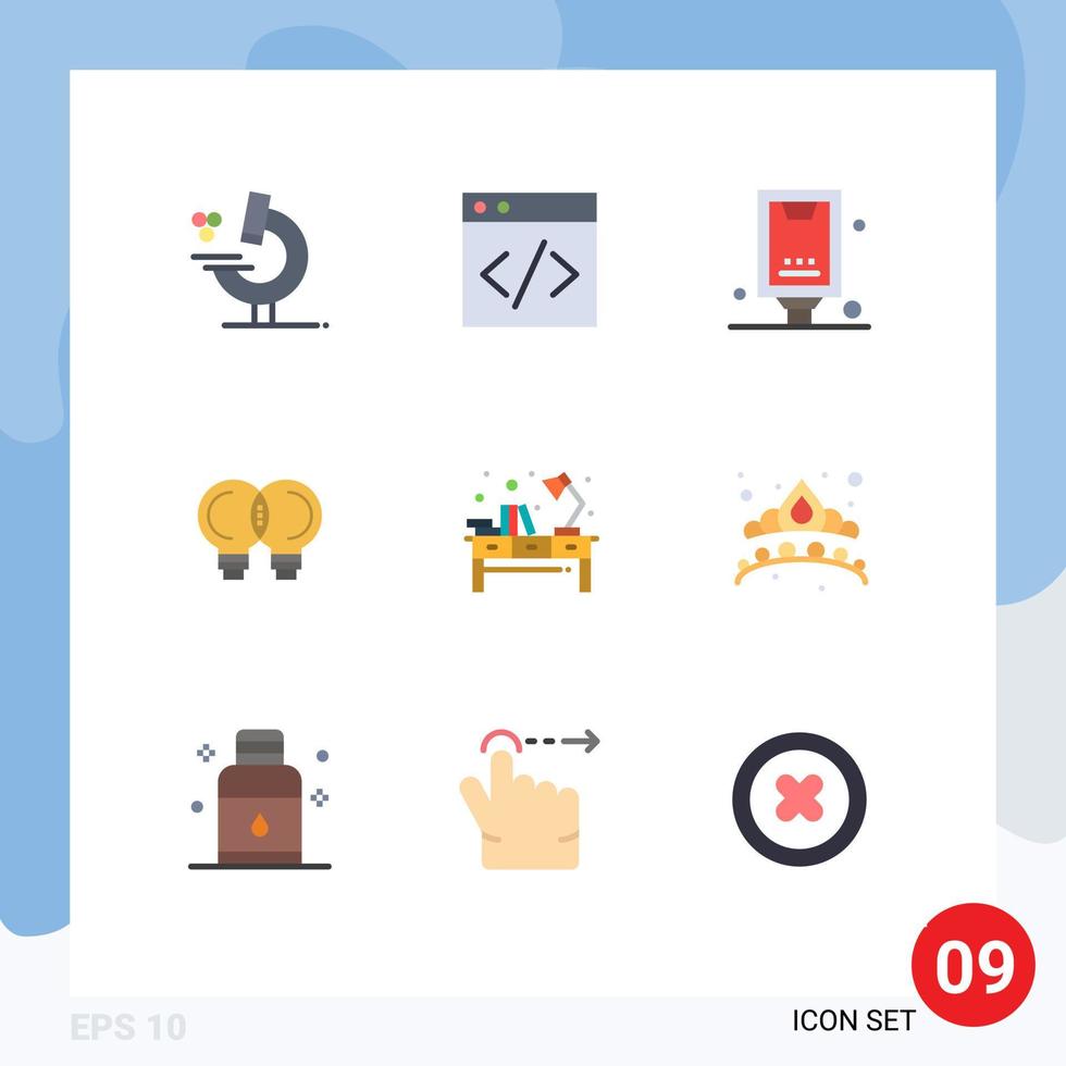 Mobile Interface Flat Color Set of 9 Pictograms of table desk billboard thinking innovation Editable Vector Design Elements