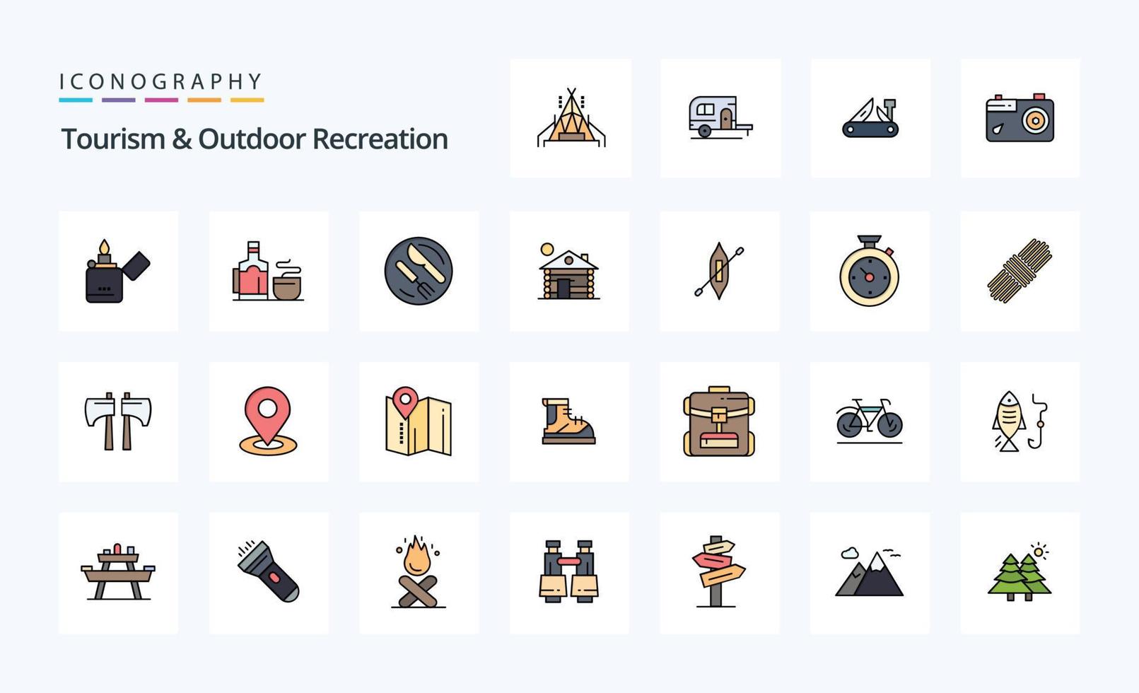 25 paquete de iconos de estilo lleno de línea de turismo y recreación al aire libre vector