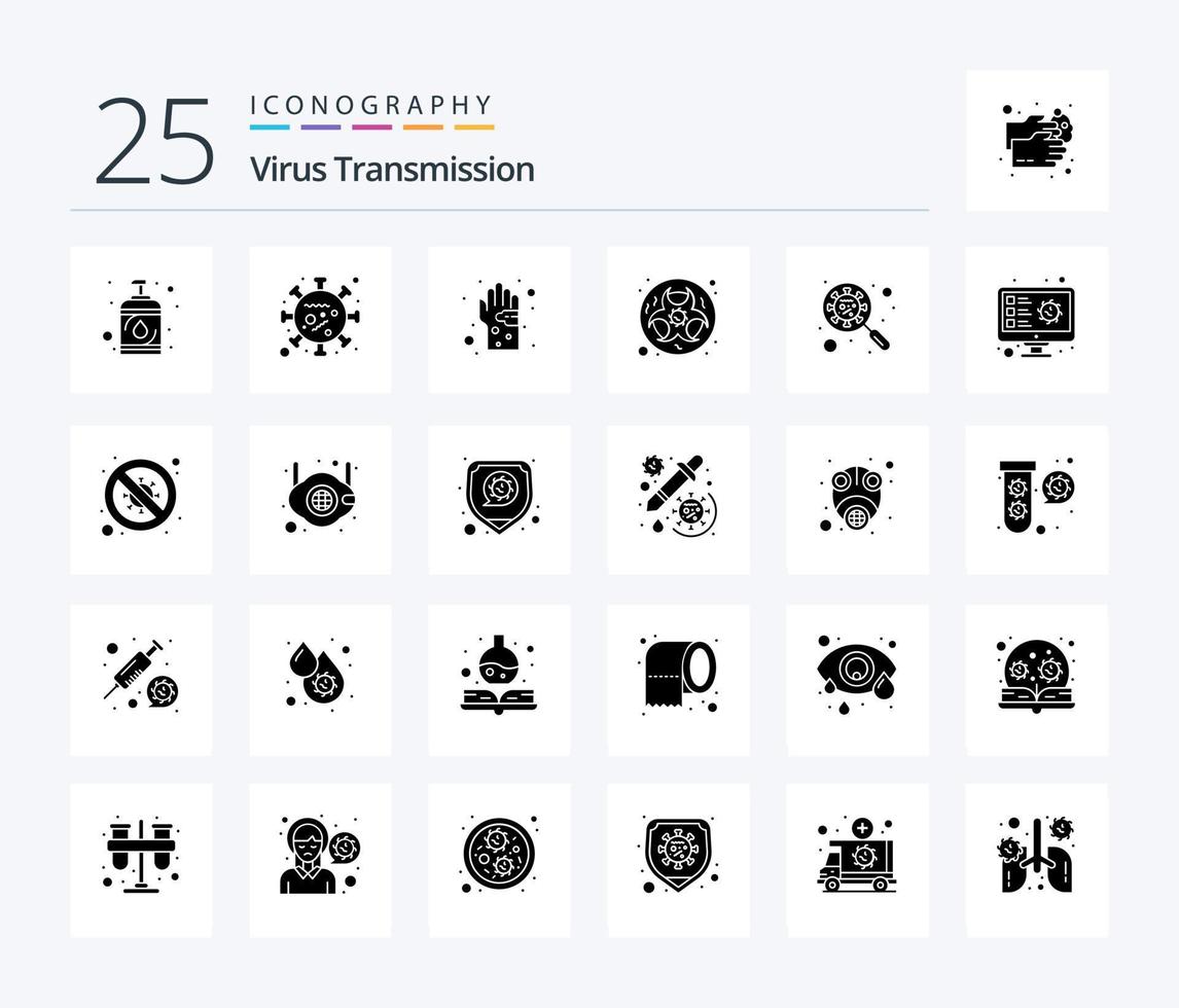 paquete de iconos de 25 glifos sólidos de transmisión de virus que incluye devirus. ciencia. bacteriano. laboratorio. biografía vector