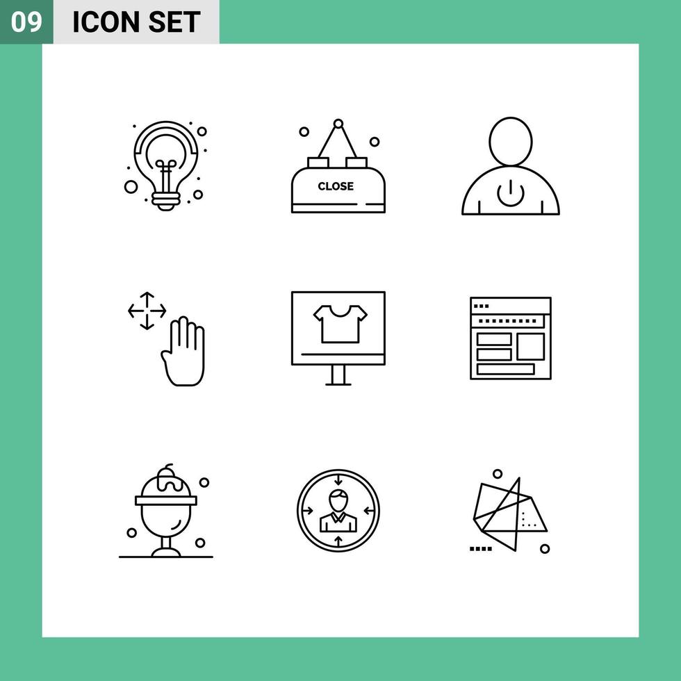 paquete de contorno de 9 símbolos universales de prendas de vestir hasta elementos de diseño de vector editables en espera de cursor de mano de avatar