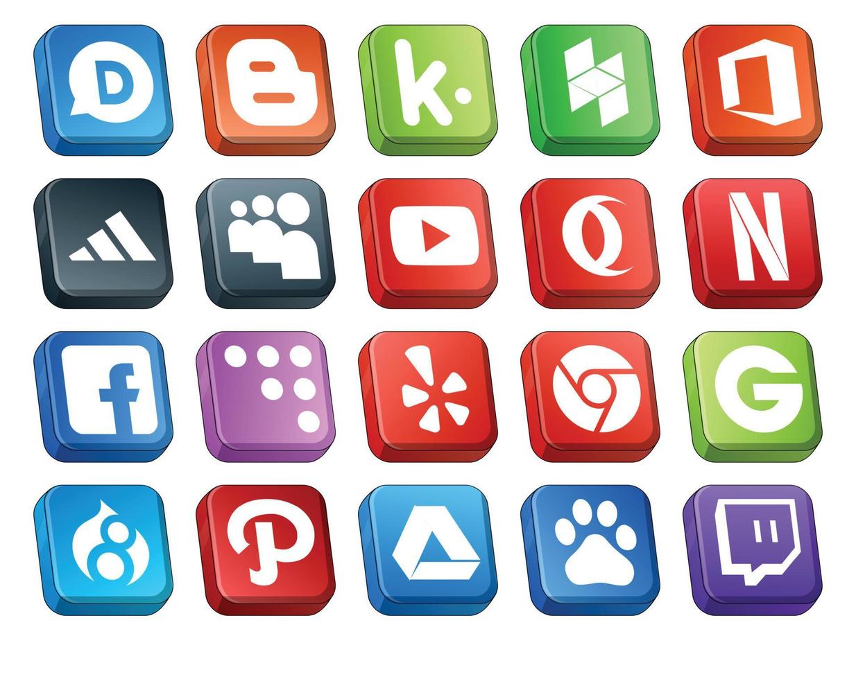 Paquete de 20 íconos de redes sociales que incluye ruta groupon video chrome coderwall vector