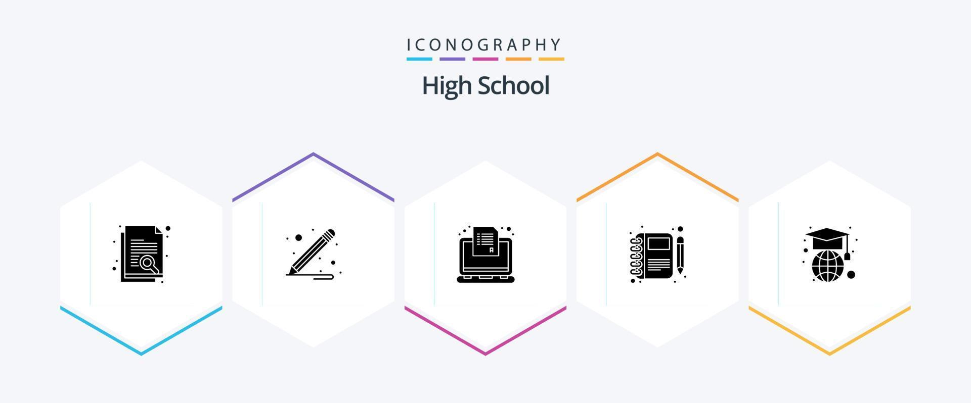 High School 25 Glyph icon pack including geography. pen. online. notebook. moleskin vector