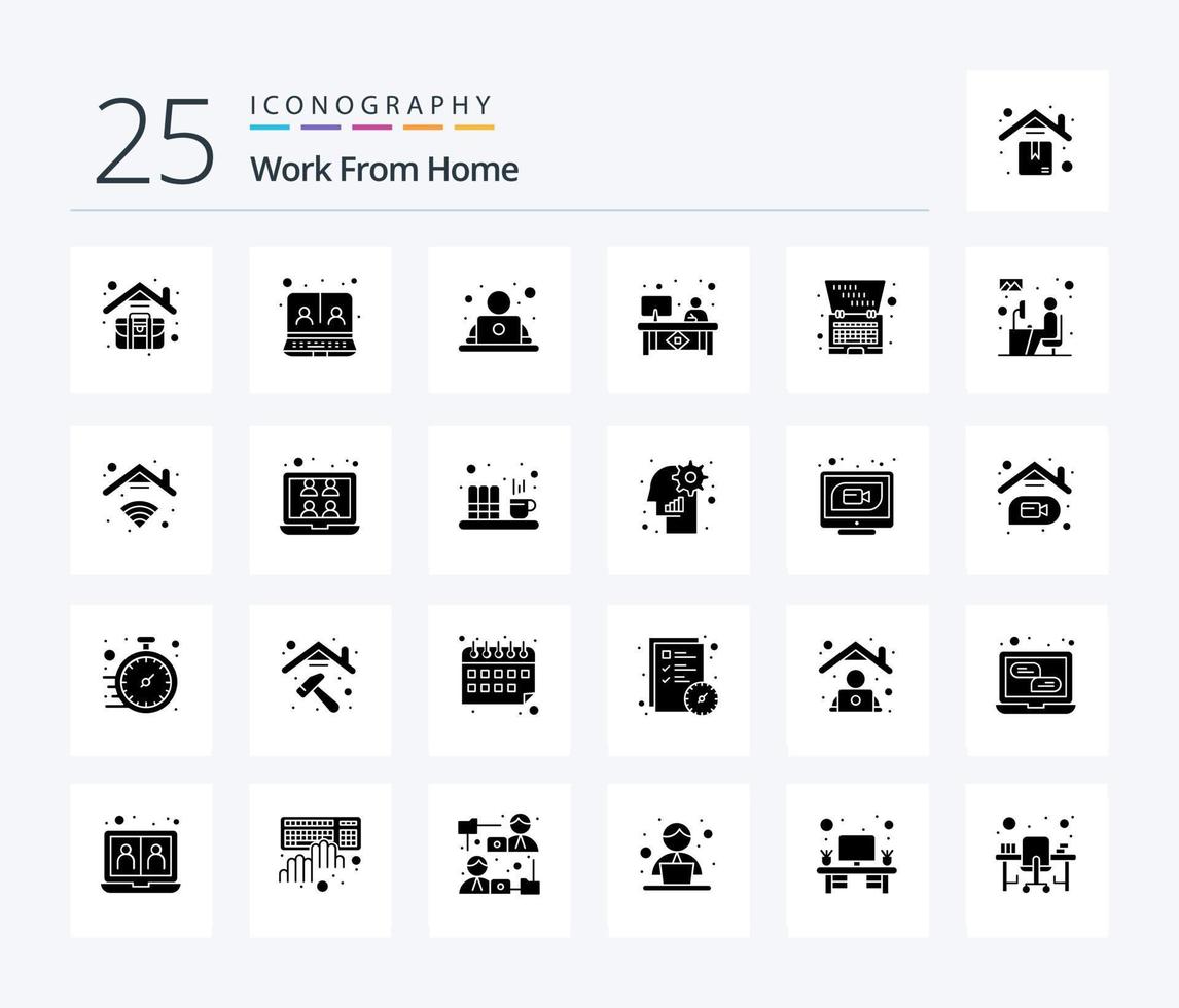 Work From Home 25 Solid Glyph icon pack including desk. area. employee. workplace. desk vector