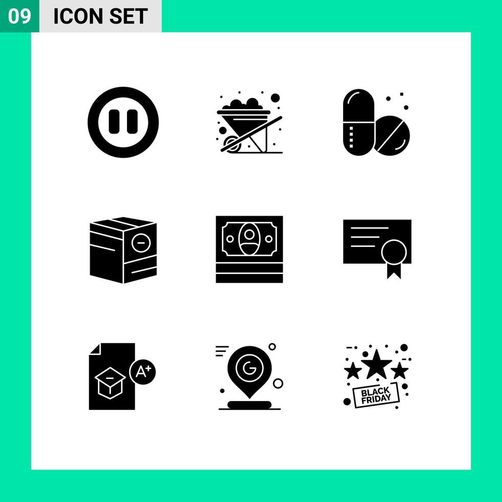 Mobile Interface Solid Glyph Set of 9 Pictograms of certificate finance medical cash minus Editable Vector Design Elements